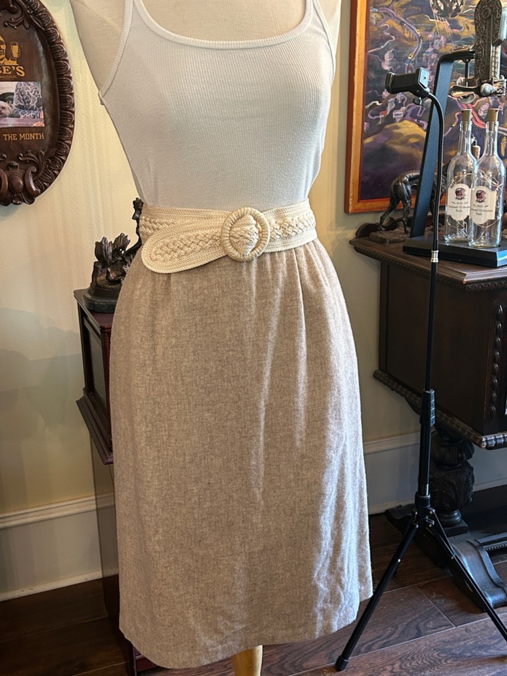 1960’s Sz 6 High-Waist Beige Tan Wool A-Line Midi